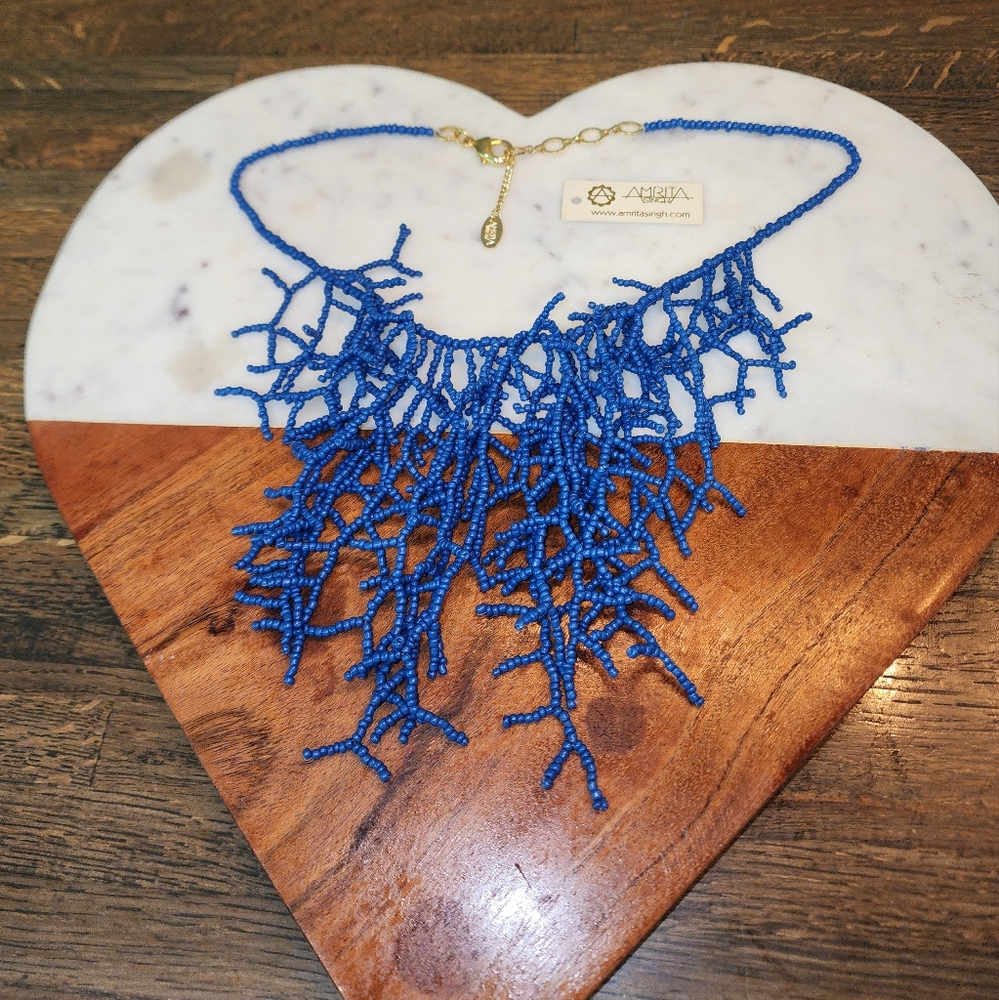 Stunning Amrita Singh Blue Coral Style Beaded 18" Necklace With Gold Tone Clasp